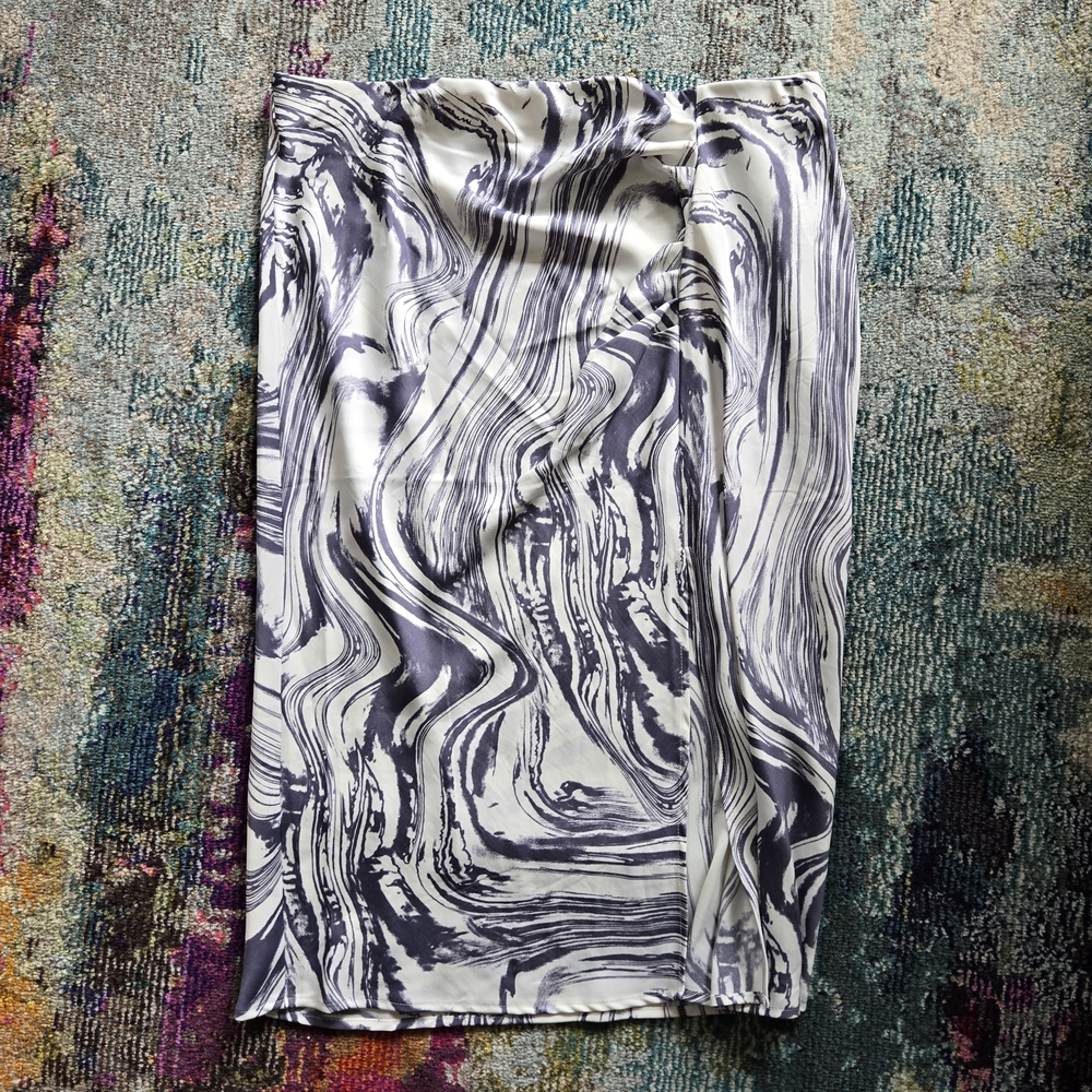 A New Day Marble Midi Skirt With Ruche & Slit in White & Blue Gray